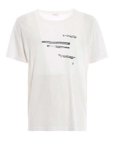Shop Saint Laurent Faded Slogan Print T-shirt In Natural/black