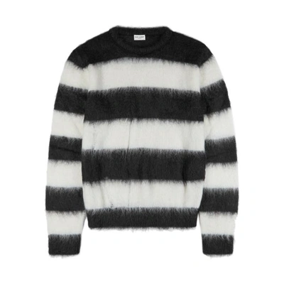 Shop Saint Laurent Striped Mohair-blend Jumper In Black And White