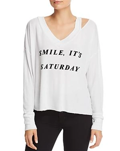 Shop Wildfox Smile It's Saturday Waffle-knit Tee In Clean White