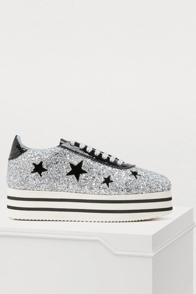 Shop Chiara Ferragni Suite Platform Sneakers With Stars In Silver/black