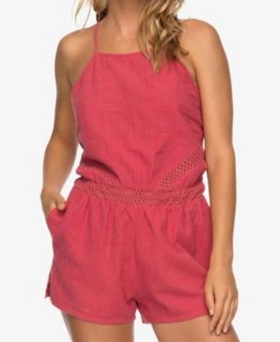 Shop Roxy Juniors' Desert Hikes Cotton Crochet Romper In Holly Berry