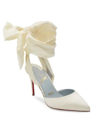 Shop Christian Louboutin Douce Du Desert 100 Satin Ankle-wrap Pumps In Off White