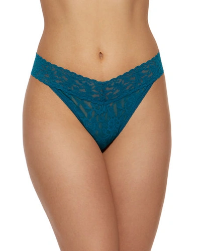 Shop Hanky Panky Stretch Lace Traditional-rise Thong In Medium Blue