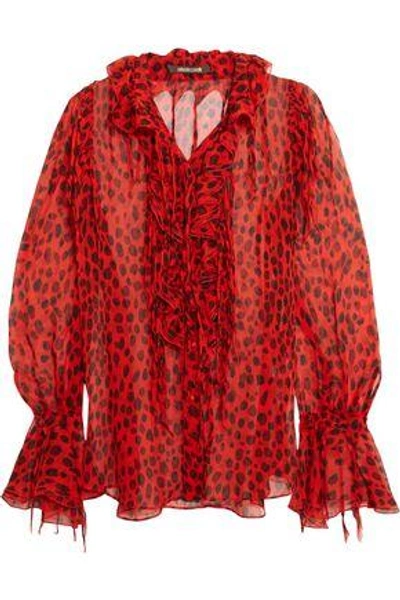 Shop Roberto Cavalli Ruffled Leopard-print Crinkled Silk-chiffon Blouse In Red