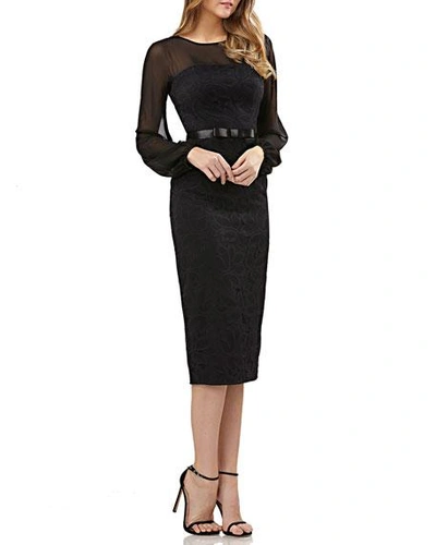 Shop Kay Unger Long-sleeve Belted Dress In Lace & Chiffon In Black