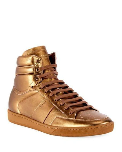 Shop Saint Laurent Men's Sl/10h Signature Court Classic Metallic Leather High-top Sneakers, Gold