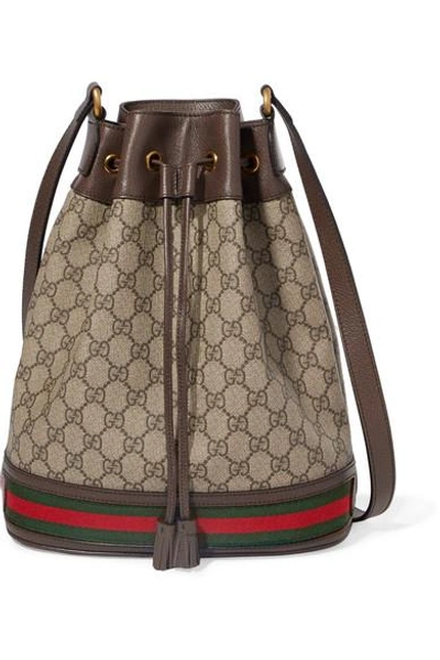 Shop Gucci Ophidia Textured Leather-trimmed Printed Coated-canvas Bucket Bag In Beige