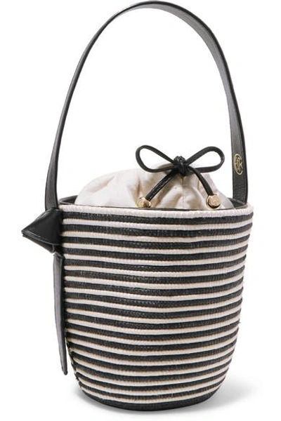 Shop Cesta Collective Lunchpail Leather-trimmed Woven Sisal Bucket Bag In Navy