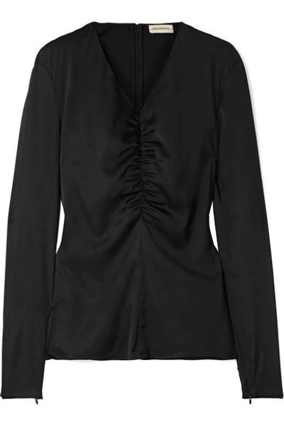 Shop By Malene Birger Ifaya Gathered Silk-blend Satin Top In Black