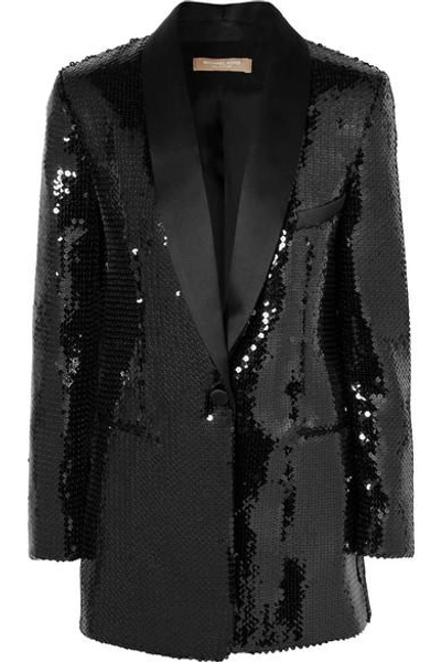 Shop Michael Kors Silk Satin-trimmed Sequined Crepe Tuxedo Jacket In Black