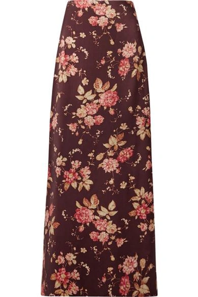 Shop Zimmermann Floral-print Wool-blend Twill Maxi Skirt In Burgundy