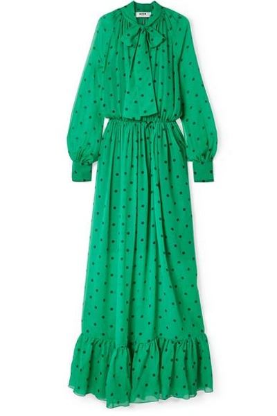 Shop Msgm Pussy-bow Polka-dot Silk-chiffon Maxi Dress In Jade