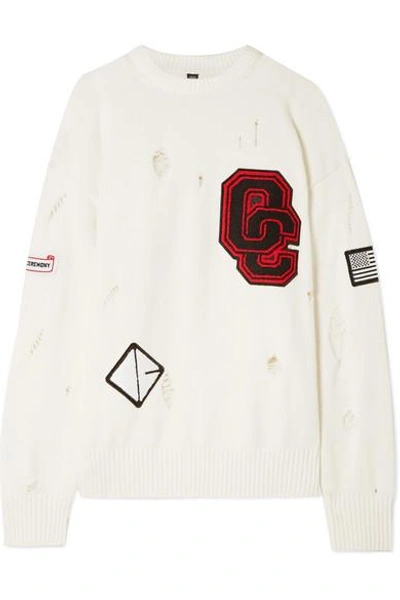 Shop Opening Ceremony Varsity Appliquéd Distressed Cotton-blend Sweater In White