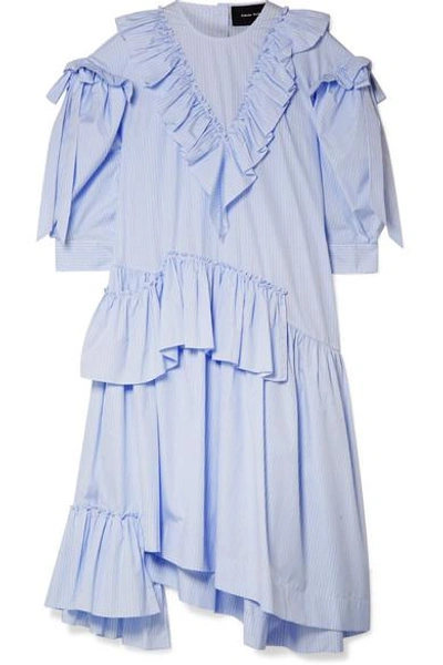 Shop Simone Rocha Asymmetric Ruffled Striped Cotton-poplin Midi Dress In Sky Blue