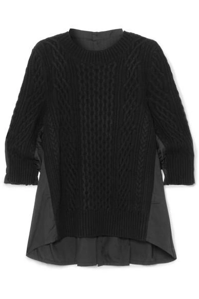 Shop Sacai Oversized Paneled Cable-knit Wool And Poplin Top In Black