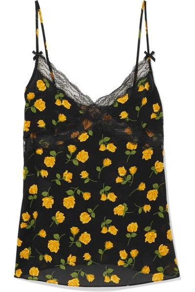 Shop Michael Kors Lace-trimmed Floral-print Silk-crepe Camisole In Yellow