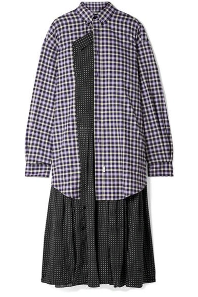 Shop Balenciaga Layered Polka-dot Crepe And Checked Cotton-flannel Midi Dress In Black