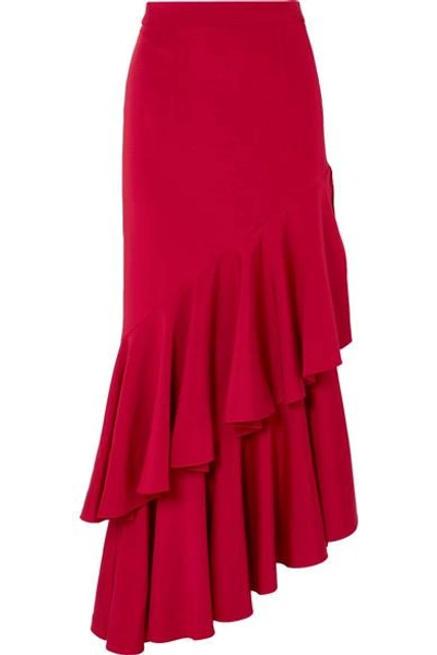 Shop Hellessy Poppy Asymmetric Ruffled Crepe Maxi Skirt In Red