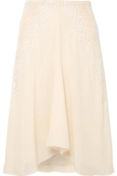 Shop Chloé Ruched Crocheted Lace-paneled Silk Crepe De Chine Skirt In Cream