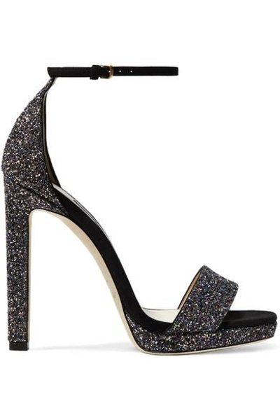 Shop Jimmy Choo Misty 120 Glittered Leather And Suede Platform Sandals In Metallic