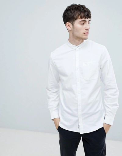 Shop Original Penguin Grandad Collar Oxford Shirt Slim Fit Tonal Logo In White - White