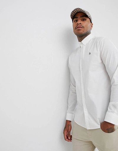 Shop Original Penguin Stretch Poplin Buttondown Shirt Small Logo Heritage Slim Fit In White - White