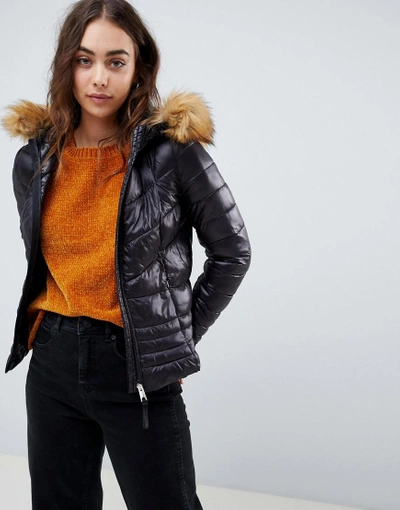 Shop Vero Moda Faux Fur Hooded Padded Jacket - Black