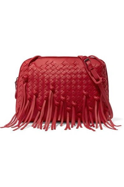 Shop Bottega Veneta Nodini Fringed Intrecciato Leather Shoulder Bag In Red