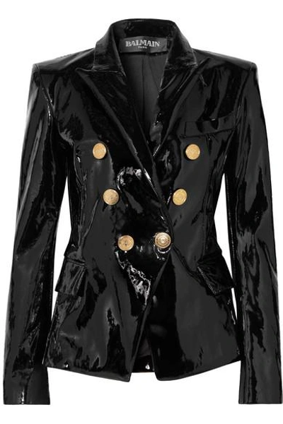 Shop Balmain Double-breasted Patent-leather Blazer In Black