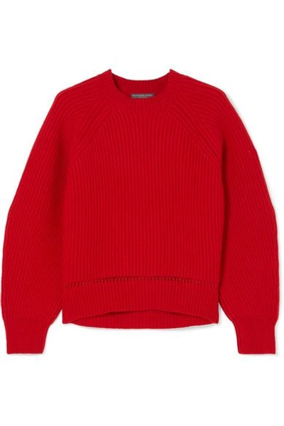Shop Alexander Mcqueen Pointelle-trimmed Ribbed Wool And Cashmere-blend Sweater In Red