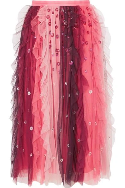 Shop Needle & Thread Rainbow Embellished Tulle Midi Skirt In Burgundy