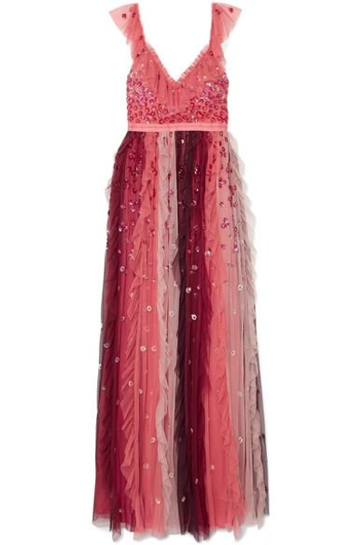 Shop Needle & Thread Rainbow Embellished Tulle Midi Gown In Burgundy
