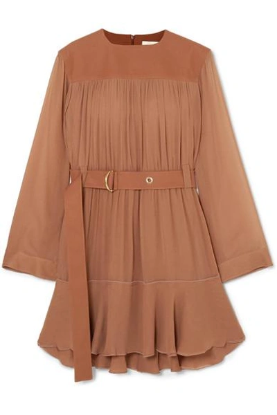 Shop Chloé Belted Mousseline And Silk-blend Crepe Mini Dress In Brown