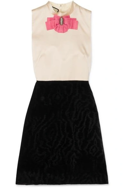 Shop Gucci Embellished Two-tone Silk And Devoré-velvet Mini Dress In Black