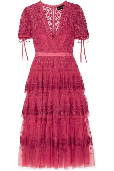 Shop Needle & Thread Tiered Embroidered Tulle Midi Dress In Red