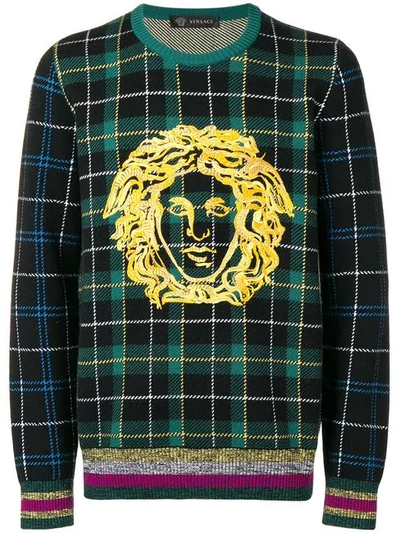 Shop Versace Medusa Checked Sweater In Green