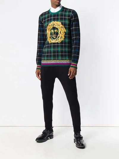 Shop Versace Medusa Checked Sweater In Green