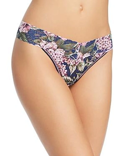 Shop Hanky Panky Original-rise Printed Lace Thong In Navy Floral