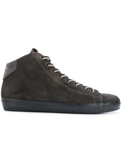 Shop Leather Crown Lace-up Hi-top Sneakers - Grey