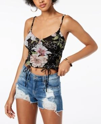 Shop Guess Odette Printed Drawstring Crop Top In Midnight Lily Print Jet Black
