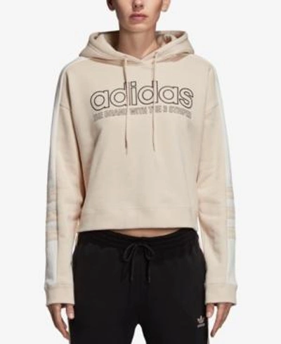 Shop Adidas Originals Cotton Cropped Logo Hoodie In Linen