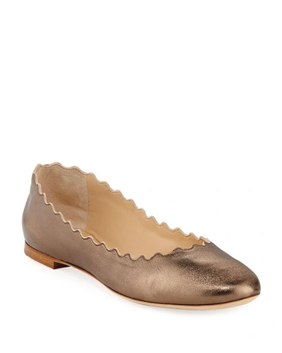 Shop Chloé Scalloped Leather Ballet Flats In Pewter