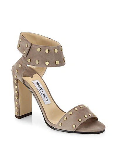 Shop Jimmy Choo Veto Studded Suede Block Heel Sandals In Navy