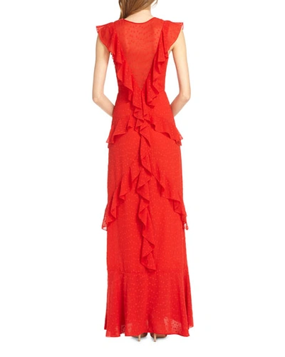 Shop ml Monique Lhuillier Draped Ruffle Gown W/ Cap Sleeves In Sangria