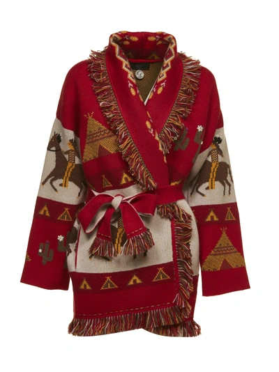 Shop Alanui Embroidered Belted Cardigan In Rosso Multicolor