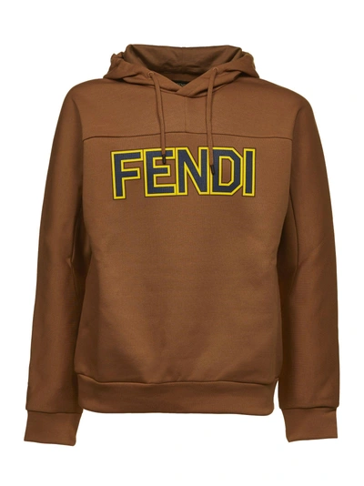 Shop Fendi Logo Print Hoodie In Cammello Blu Giallo