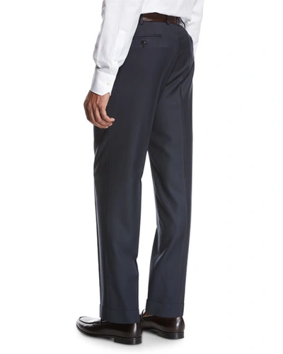 Shop Brioni Wool Flat-front Trousers, Navy