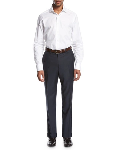 Shop Brioni Wool Flat-front Trousers, Navy