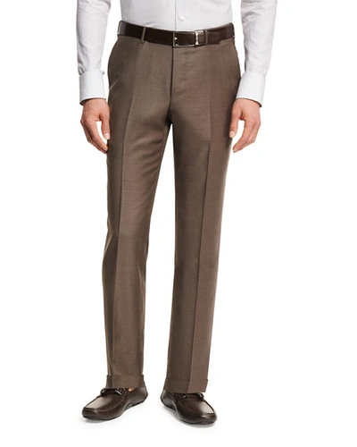 Shop Ermenegildo Zegna Men's Trofeo&reg; Wool Flat-front Trousers In Brown