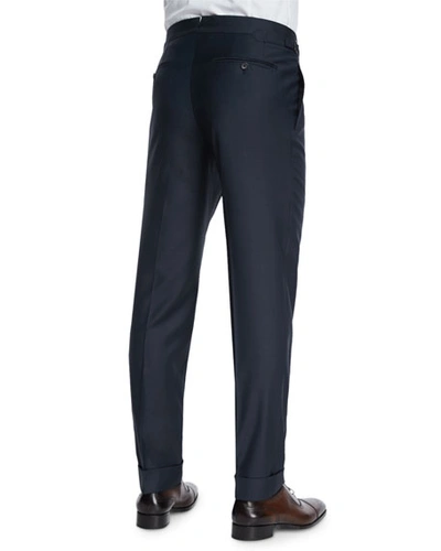 Tom Ford O'connor Base Flat-front Sharkskin Trousers, Navy In Navy